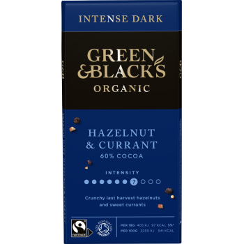 Green & Black's Organic Hazelnut & Currant Dark Choc Bar 90g x 15 GBK055 Green & Black's Organic Hazelnut & Currant Dark Choc Bar 90g x 15 GBK055