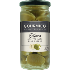 Gourmico Green Olives Stuffed With Blue Cheese 240g x 6 jars. GOU303 Gourmico Green Olives Stuffed With Blue Cheese 240g x 6 jars. GOU303