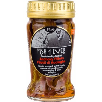 Fish 4 Ever Anchovy Fillets in Organic Olive Oil - Jar 95g x 12 F4E010 Fish 4 Ever Anchovy Fillets in Organic Olive Oil - Jar 95g x 12 F4E010
